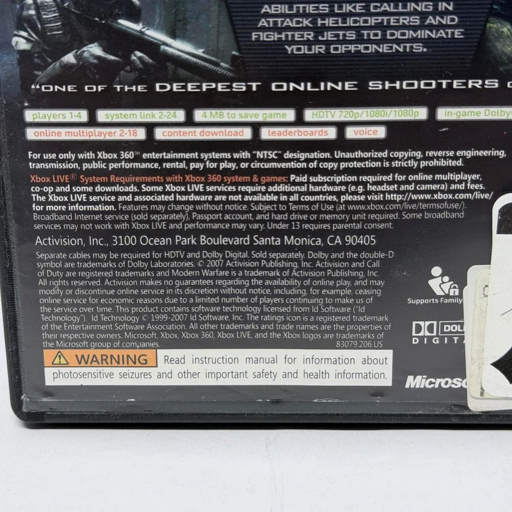 Call of Duty 4 Modern Warfare Xbox 360 Activision Infinity Ward FPS Video Game
